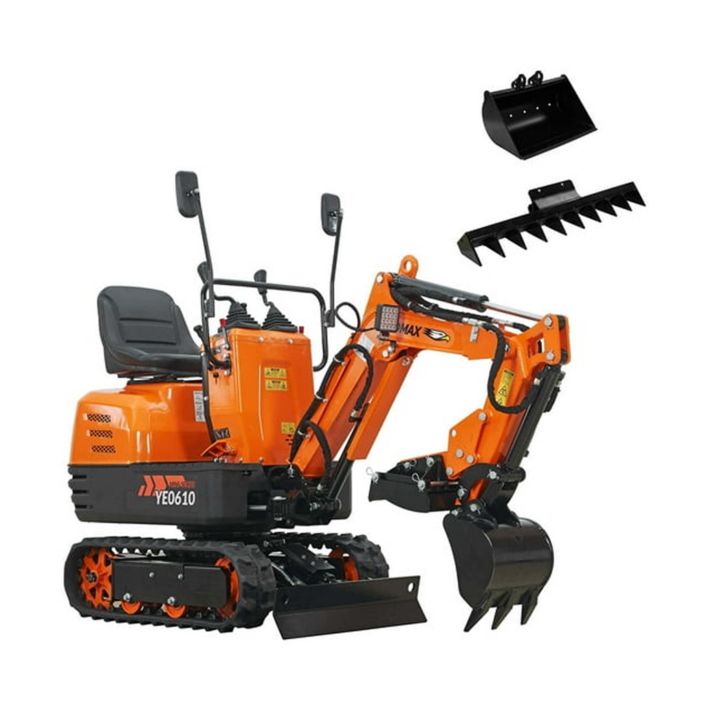 Yardmax YE0610 Mini Excavator, 306cc Gas Engine, with Claw, Grading Bucket and Rake