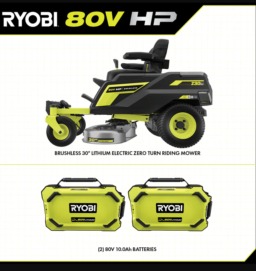 RYOBI 80V HP Brushless 30 in. Battery Zero-Turn Mower with (2) 80V 10Ah Batteries